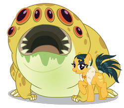 Size: 4356x3803 | Tagged: safe, artist:cheezedoodle96, artist:dragonchaser123, edit, imported from derpibooru, cleopatra jazz, bufogren, earth pony, pony, dungeons and discords, the end in friend, .svg available, absurd resolution, drool, duo, ear piercing, earring, eyeshadow, feather boa, female, fur scarf, jewelry, lidded eyes, looking at you, makeup, mare, multiple eyes, necklace, open mouth, piercing, raised hoof, shipping fuel, simple background, smiling, svg, tail, tail wrap, transparent background, vector