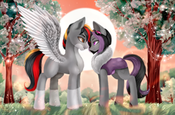 Size: 2404x1576 | Tagged: safe, artist:das_leben, imported from derpibooru, oc, oc only, oc:mimicry, oc:primaryforce, original species, pegasus, eye contact, female, looking at each other, looking at someone, love, male, oc x oc, shiftling, shipping, straight, winter