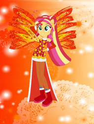 Size: 590x775 | Tagged: safe, artist:magical-mama, artist:selenaede, artist:user15432, imported from derpibooru, sunset shimmer, fairy, equestria girls, alternate hairstyle, barely eqg related, base used, boots, clothes, colored wings, crossover, crystal sirenix, dress, fairy wings, fairyized, gradient background, gradient wings, hand on hip, high heel boots, high heels, long hair, orange background, ponied up, ponytail, red dress, red wings, shoes, simple background, sirenix, solo, sparkly background, sparkly wings, wings, winx, winx club, winxified