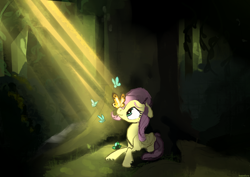 Size: 1754x1240 | Tagged: safe, artist:megalura, imported from derpibooru, fluttershy, butterfly, pegasus, pony, butterfly on nose, crepuscular rays, female, insect on nose, lying down, mare, prone, solo