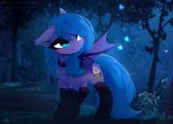 Size: 4096x2936 | Tagged: safe, artist:magnaluna, imported from derpibooru, oc, oc only, oc:belfry towers, bat pony, butterfly, pony, bat wings, commission, female, forest, mare, night, solo, wings