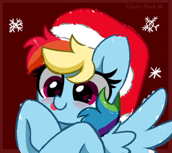 Size: 3739x3326 | Tagged: safe, artist:kittyrosie, imported from derpibooru, rainbow dash, pegasus, pony, blushing, christmas, cute, dashabetes, female, hat, high res, holiday, red background, santa hat, simple background, solo, tongue out