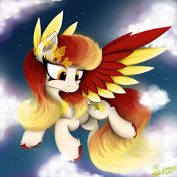 Size: 4000x4000 | Tagged: safe, artist:ser-p, imported from derpibooru, oc, oc only, oc:embershine, pegasus, pony, absurd resolution, cloud, colored wings, female, flying, mare, signature, sky, solo, spread wings, two toned wings, wings