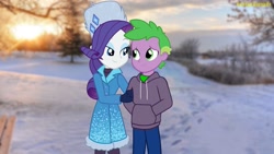 Size: 2048x1152 | Tagged: safe, artist:georgegarza01, imported from derpibooru, rarity, spike, equestria girls, clothes, coat, female, footprint, hat, human spike, male, shipping, snow, sparity, straight, sunset, sweatshirt, tree, winter hat, winter outfit