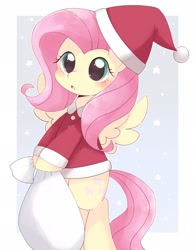 Size: 1604x2048 | Tagged: safe, artist:ginmaruxx, imported from derpibooru, fluttershy, pegasus, pony, bipedal, blushing, christmas, christmas outfit, clothes, costume, cute, female, hat, holiday, mare, sack, santa costume, santa hat, shyabetes, solo