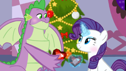 Size: 1280x720 | Tagged: safe, artist:mlplary6, imported from derpibooru, rarity, spike, dragon, pony, unicorn, blushing, christmas, female, holiday, male, shipping, smiling, sparity, straight