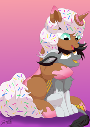 Size: 2480x3508 | Tagged: safe, artist:reminic, imported from derpibooru, oc, oc only, oc:donut daydream, oc:kavvi, original species, pony, unicorn, donut, duo, fangs, food, gradient background, high res, horn, hug, hugging a pony, looking at each other, looking at someone, looking up, palindrome get, signature, tail, unicorn oc