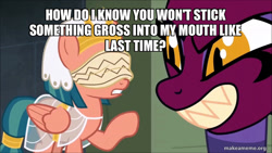 Size: 800x450 | Tagged: safe, edit, edited screencap, imported from derpibooru, screencap, somnambula, sphinx (character), sphinx, daring done?, blindfold, caption, egyptian, egyptian headdress, egyptian pony, image macro, is this suggestive?, multiple meanings, text