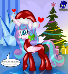 Size: 4608x4985 | Tagged: safe, artist:damlanil, imported from derpibooru, princess flurry heart, alicorn, pony, absurd resolution, blushing, bodysuit, bow, catsuit, christmas, christmas decoration, christmas tree, clothes, comic, cute, dialogue, female, floating heart, flurrybetes, happy, hat, heart, holiday, horn, latex, latex suit, looking at you, mare, mistletoe, older, older flurry heart, open mouth, open smile, present, rubber, santa hat, shine, shiny, shiny mane, show accurate, smiling, smiling at you, solo, suit, symbiote, talking, talking to viewer, test tube, text, tree, vector, wall of tags, wings