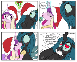 Size: 3451x2771 | Tagged: safe, artist:icey, imported from derpibooru, princess cadance, queen chrysalis, alicorn, changeling, changeling queen, pony, blushing, blushing profusely, cadalis, cheek kiss, christmas, convulsing, cute, cutealis, cutedance, duo, female, foaming at the mouth, hat, heart eyes, high res, holiday, kissing, lesbian, love overload, mare, mistletoe, santa hat, seizure, shipping, wingding eyes