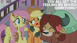 Size: 1280x720 | Tagged: safe, edit, edited screencap, editor:quoterific, imported from derpibooru, screencap, applejack, fluttershy, yona, earth pony, pegasus, pony, yak, a matter of principals, season 8, spoiler:s08, applejack's hat, cowboy hat, cute, female, hat, hug, mare, messy mane, mud, open mouth, school of friendship, smiling, yonadorable