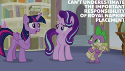 Size: 1280x720 | Tagged: safe, edit, edited screencap, editor:quoterific, imported from derpibooru, screencap, spike, starlight glimmer, twilight sparkle, alicorn, dragon, pony, unicorn, a horse shoe-in, season 9, spoiler:s09, female, male, mare, open mouth, open smile, school of friendship, smiling, twilight sparkle (alicorn), winged spike, wings