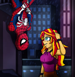 Size: 1920x1968 | Tagged: safe, artist:edcom02, imported from derpibooru, sunset shimmer, human, equestria girls, bare shoulders, crossover, marvel, rain, sleeveless, spider-man