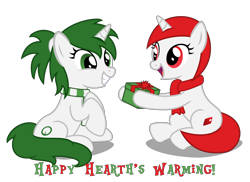 Size: 5500x4000 | Tagged: safe, artist:strategypony, imported from derpibooru, oc, oc only, oc:reno, oc:ruby, pony, unicorn, absurd resolution, christmas, clothes, duo, duo female, female, gift giving, green eyes, green mane, green tail, grin, hearth's warming, holiday, hoof hold, horn, looking at someone, mare, open mouth, open smile, present, red eyes, red mane, red tail, scarf, shadow, show accurate, siblings, simple background, sisters, sitting, smiling, striped scarf, tail, transparent background, unicorn oc, wholesome
