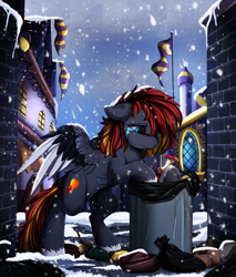 Size: 2930x3436 | Tagged: safe, artist:pridark, imported from derpibooru, oc, oc only, pegasus, pony, apple core, commission, crying, female, high res, mare, sad, snow, snowfall, solo, starving, trash can, wings