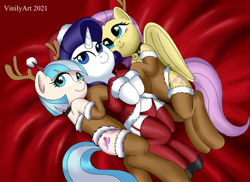 Size: 951x694 | Tagged: safe, artist:vinilyart, imported from derpibooru, coco pommel, fluttershy, rarity, earth pony, pegasus, pony, unicorn, clothes, female, folded wings, garter belt, horn, legs together, lingerie, lying down, mare, on back, on side, panties, red panties, smiling, socks, stockings, thigh highs, trio, trio female, underwear, wings