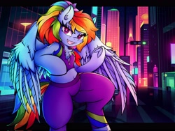 Size: 4096x3072 | Tagged: safe, artist:canvymamamoo, imported from derpibooru, rainbow dash, pegasus, semi-anthro, alternate hairstyle, belly button, buckball fan gear rainbow dash, chest fluff, city, clothes, colorful background, ear fluff, female, frog (hoof), gameloft, grin, jacket, looking at you, pants, ponytail, raised eyebrow, raised hoof, shorts, smiling, solo, sports bra, sports shorts, spread wings, sweatpants, underhoof, wings