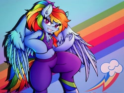 Size: 4096x3072 | Tagged: safe, alternate version, artist:canvymamamoo, imported from derpibooru, rainbow dash, pegasus, semi-anthro, abstract background, alternate hairstyle, belly button, buckball fan gear rainbow dash, chest fluff, clothes, cutie mark background, ear fluff, female, frog (hoof), gameloft, grin, jacket, looking at you, pants, ponytail, rainbow, raised eyebrow, raised hoof, shorts, smiling, solo, sports bra, sports shorts, spread wings, sweatpants, underhoof, wings