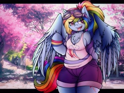 Size: 3402x2560 | Tagged: safe, artist:canvymamamoo, imported from derpibooru, kotobukiya, rainbow dash, anthro, pegasus, unguligrade anthro, alternate hairstyle, blushing, breasts, cherry blossoms, chest fluff, clothes, ear fluff, fangs, female, flower, flower blossom, furry, goggles, high res, jacket, kotobukiya rainbow dash, open mouth, ponytail, shorts, smiling, smug, solo, spread wings, tanktop, tongue out, wings, wristband