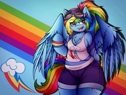 Size: 3402x2560 | Tagged: safe, alternate version, artist:canvymamamoo, imported from derpibooru, kotobukiya, rainbow dash, anthro, pegasus, unguligrade anthro, abstract background, alternate hairstyle, blushing, breasts, chest fluff, clothes, cutie mark background, ear fluff, fangs, female, furry, goggles, high res, jacket, kotobukiya rainbow dash, open mouth, ponytail, rainbow, shorts, smiling, smug, solo, spread wings, tanktop, tongue out, wings, wristband