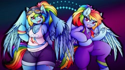 Size: 4096x2300 | Tagged: safe, alternate version, artist:canvymamamoo, imported from derpibooru, kotobukiya, rainbow dash, anthro, pegasus, unguligrade anthro, abstract background, alternate hairstyle, belly button, blushing, breasts, buckball fan gear rainbow dash, chest fluff, clothes, cloud, crepuscular rays, ear fluff, fangs, female, frog (hoof), furry, gameloft, goggles, grin, jacket, kotobukiya rainbow dash, looking at you, open mouth, pants, ponytail, raised eyebrow, raised hoof, self paradox, self ponidox, shorts, smiling, smug, solo, sports bra, sports shorts, spread wings, sweatpants, tanktop, tongue out, underhoof, wings, wristband