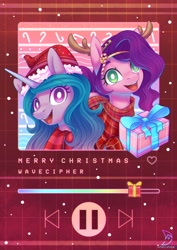 Size: 2480x3508 | Tagged: safe, artist:wavecipher, imported from derpibooru, izzy moonbow, pipp petals, pegasus, pony, unicorn, christmas, clothes, duo, female, g5, gift wrapped, high res, holiday, mare, my little pony: a new generation, open mouth, scarf, white pupils