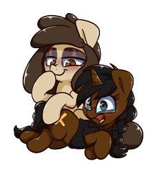 Size: 1556x1703 | Tagged: safe, artist:lou, imported from derpibooru, oc, oc only, oc:louvely, oc:soadia, earth pony, pony, unicorn, derpibooru community collaboration, 2022 community collab, :t, braid, brown eyes, duo, duo female, earth pony oc, eye clipping through hair, eyeshadow, female, glasses, horn, lying down, makeup, mare, nose wrinkle, open mouth, simple background, smiling, transparent background, unicorn oc