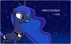 Size: 2560x1600 | Tagged: safe, artist:calinou, imported from derpibooru, princess luna, alicorn, pony, christmas, constellation, cute, digital art, female, g4, gift art, holiday, manechat, night, pixel art, pixelorama, postcard, solo, stars