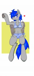 Size: 578x1264 | Tagged: safe, artist:yufebwifbi, imported from derpibooru, oc, oc:leaf blade, anthro, pegasus, unguligrade anthro, bikini, blushing, breasts, clothes, embarrassed, female, frog (hoof), heart, intersex, rule 63, solo, swimsuit, underhoof