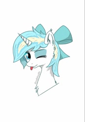 Size: 640x918 | Tagged: safe, artist:yufebwifbi, imported from derpibooru, oc, oc only, pony, unicorn, :p, bow, bust, chest fluff, ear fluff, hair bow, horn, one eye closed, portrait, simple background, solo, tongue out, unicorn oc, white background, wink