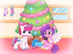 Size: 3000x2213 | Tagged: safe, artist:malarkey, imported from derpibooru, pipp petals, zipp storm, pegasus, pony, adorapipp, adorazipp, candy, candy cane, christmas, christmas tree, cute, duo, duo female, feathered wings, female, filly, filly pipp petals, filly zipp storm, foal, folded wings, food, g5, high res, holiday, mare, microphone, my little pony: a new generation, siblings, sisters, spread wings, tree, wings, younger