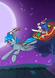 Size: 2000x2828 | Tagged: safe, artist:yufebwifbi, imported from derpibooru, oc, oc:leaf blade, bat pony, pegasus, pony, bat pony oc, christmas, fake antlers, flying, hat, high res, holiday, moon, night, present, red nose, santa hat, sleigh