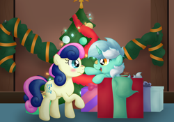 Size: 5662x3954 | Tagged: safe, artist:background basset, imported from derpibooru, bon bon, lyra heartstrings, sweetie drops, earth pony, pony, unicorn, adorabon, blushing, boop, christmas, christmas lights, christmas tree, cute, duo, duo female, female, happy, holiday, lesbian, lyrabetes, mare, present, tree