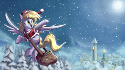 Size: 1280x720 | Tagged: safe, artist:rocket-lawnchair, imported from derpibooru, derpy hooves, pegasus, pony, bag, christmas, clock tower, clothes, costume, cute, detailed background, featured image, female, flying, hat, hearth's warming eve, holiday, mailbag, mare, moon, night, open mouth, open smile, santa costume, santa hat, scenery, smiling, snow, snowfall, solo, tree, winter