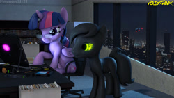 Size: 3840x2160 | Tagged: safe, artist:fireemerald123, imported from derpibooru, twilight sparkle, oc, oc:occulant truth, alicorn, 3d, city, computer, eta, files, glasses, glowing, glowing eyes, gun, handgun, helicopter, high res, laptop computer, night, pistol, source filmmaker, tablet, twilight sparkle (alicorn), void entity, voidpunk, watermark, window