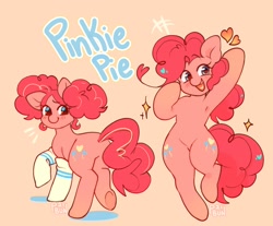 Size: 1608x1332 | Tagged: safe, artist:peacheebun, imported from derpibooru, pinkie pie, earth pony, pony, alternate hairstyle, armpits, bipedal, both cutie marks, clothes, cute, diapinkes, female, heart, mare, open mouth, pink background, pinktails pie, simple background, smiling, socks, solo