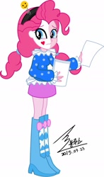 Size: 900x1526 | Tagged: safe, artist:bluse, imported from derpibooru, pinkie pie, equestria girls, alternate hairstyle, boots, clothes, female, high heel boots, makeup, paper, ruff (clothing), sad, sad clown, shoes, show accurate, simple background, skirt, solo