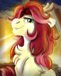 Size: 2000x2500 | Tagged: safe, artist:euspuche, imported from derpibooru, oc, oc only, oc:scarlet pimpernel, deer, earth pony, bust, chest fluff, female, high res, looking at you, mare, portrait, smiling, sunset