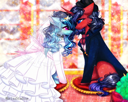 Size: 4000x3179 | Tagged: safe, artist:krissstudios, imported from derpibooru, oc, oc only, pegasus, pony, unicorn, clothes, dress, female, male, mare, marriage, stallion, suit, wedding, wedding dress