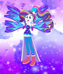 Size: 617x726 | Tagged: safe, artist:magical-mama, artist:selenaede, artist:user15432, imported from derpibooru, rarity, fairy, equestria girls, alternate hairstyle, barely eqg related, base used, boots, clothes, colored wings, crossover, crystal sirenix, dress, fairy wings, fairyized, flower, flower in hair, gradient background, gradient wings, high heel boots, high heels, long hair, ponied up, ponytail, purple dress, purple wings, rose, shoes, sirenix, solo, sparkly background, sparkly wings, wings, winx, winx club, winxified