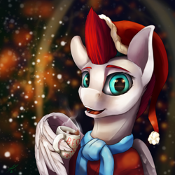 Size: 2160x2160 | Tagged: safe, artist:tenebrisnoctus, imported from derpibooru, zipp storm, pegasus, pony, christmas, clothes, female, g5, hat, high res, holiday, lidded eyes, looking at you, mare, mug, open mouth, open smile, santa hat, scarf, smiling, smiling at you, solo, wing hands, wing hold, wings