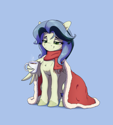 Size: 2553x2826 | Tagged: safe, artist:aquaticvibes, imported from derpibooru, oc, oc only, pegasus, pony, blanket, blue background, christmas, clothes, female, high res, holiday, lidded eyes, mare, mug, scarf, simple background, sitting, smiling, solo, wing hands, wing hold, wings