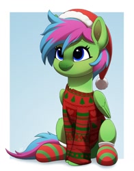 Size: 1450x1850 | Tagged: safe, artist:luminousdazzle, imported from derpibooru, pegasus, pony, abstract background, blue eyes, christmas, christmas sweater, clothes, female, folded wings, full body, hat, holiday, luminous dazzle, mare, santa hat, sitting, smiling, socks, solo, striped socks, sweater, tail, two toned mane, two toned tail, wings