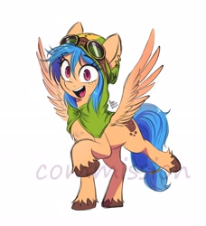 Size: 2480x2721 | Tagged: safe, artist:fanzeem, imported from derpibooru, oc, oc only, pegasus, pony, chest fluff, commission, ear piercing, earring, female, freckles, goggles, high res, hood, jewelry, looking at you, mare, open mouth, open smile, piercing, raised hoof, simple background, smiling, smiling at you, solo, spread wings, watermark, white background, wings