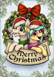 Size: 1694x2396 | Tagged: safe, artist:helmie-art, imported from derpibooru, oc, oc only, oc:karoline skies, oc:lodvik, earth pony, pony, :d, blackletter, candy, candy cane, chin fluff, christmas, christmas wreath, clothes, duo, earth pony oc, female, food, freckles, grin, high res, holiday, light blue background, looking at you, male, mare, merry christmas, mouth hold, open mouth, open smile, scarf, simple background, smiling, smiling at you, snow, snowflake, stallion, sternocleidomastoid, wreath