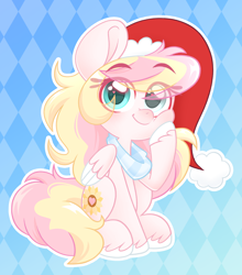 Size: 2480x2812 | Tagged: safe, artist:ninnydraws, imported from derpibooru, oc, oc only, oc:ninny, pegasus, blushing, christmas, clothes, eyebrows, female, hat, heart, heart eyes, heterochromia, high res, holiday, looking at you, mare, santa hat, scarf, simple background, sitting, solo, wingding eyes, winter