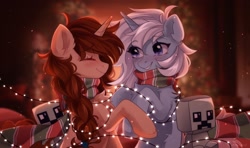 Size: 2362x1400 | Tagged: safe, artist:whiteliar, imported from derpibooru, oc, oc only, oc:eula phi, oc:virginia, pony, unicorn, blushing, christmas, clothes, commission, creeper, duo, eyes closed, female, holiday, lesbian, oc x oc, plushie, scarf, shipping, sitting, smiling, string lights