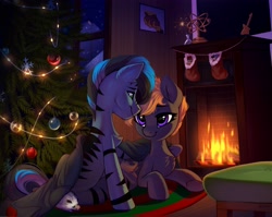 Size: 3772x3000 | Tagged: safe, artist:taneysha, imported from derpibooru, oc, oc only, oc:ignis avis, oc:xenos akari, hybrid, pegasus, pony, zony, blanket, chest fluff, christmas, christmas stocking, christmas tree, commission, female, fire, fireplace, high res, holiday, looking at each other, looking at someone, male, mare, oc x oc, ornament, shipping, sitting, snow, stallion, straight, tree, trophy, zony oc