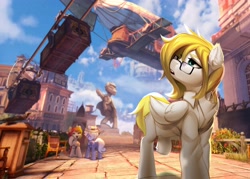 Size: 4000x2868 | Tagged: safe, artist:vensual99, imported from derpibooru, oc, oc:bright calm, pegasus, pony, unicorn, airship, bioshock, bioshock infinite, city, clothes, crossover, female, glasses, high res, mare, shirt, statue, walking