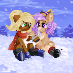 Size: 2160x2160 | Tagged: safe, artist:thieftea, imported from derpibooru, oc, deer, pony, hat, high res, snow